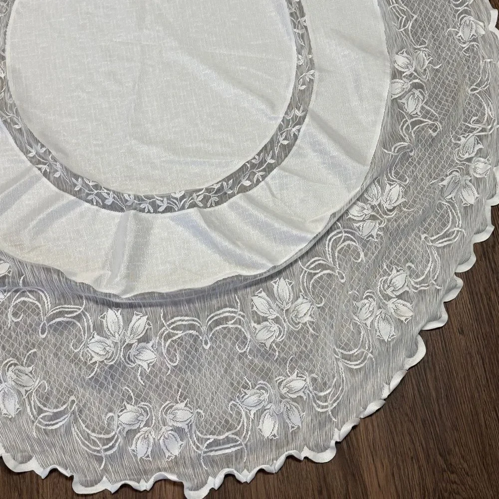 Vintage Ivory White Oval Tablecloth Solid Central Panel With Tiered Lace Border